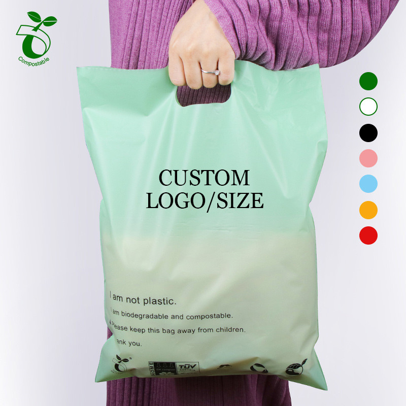 Tilpasset logodesign trykt biologisk nedbrytbare PLA+PBAT bæreposer med stansehåndtak (6)